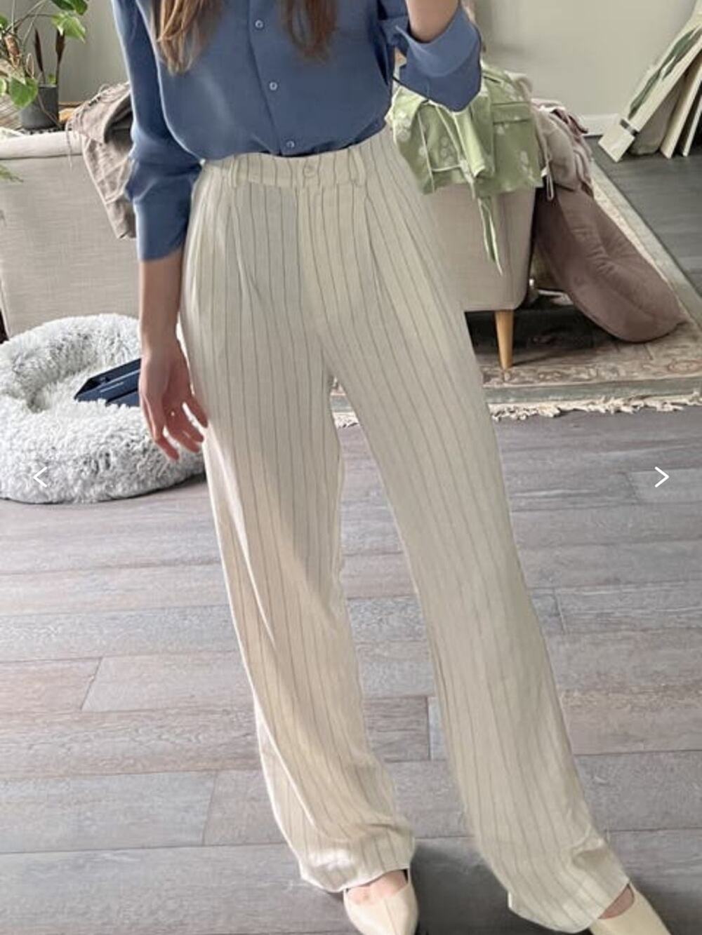 DONNI Ivory Pinstripe Linen Blend High Rise Pleated Relaxed Fit Trouser Pants M